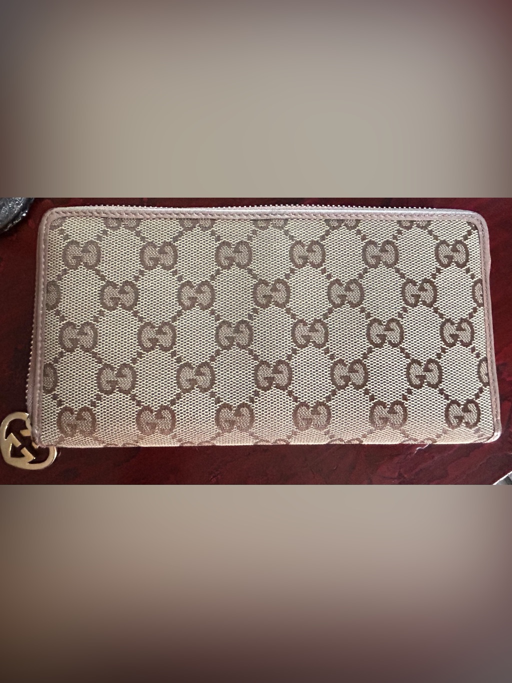 Gucci Pink Gg Supreme Zip Wallet With Gold Charm, Authentic